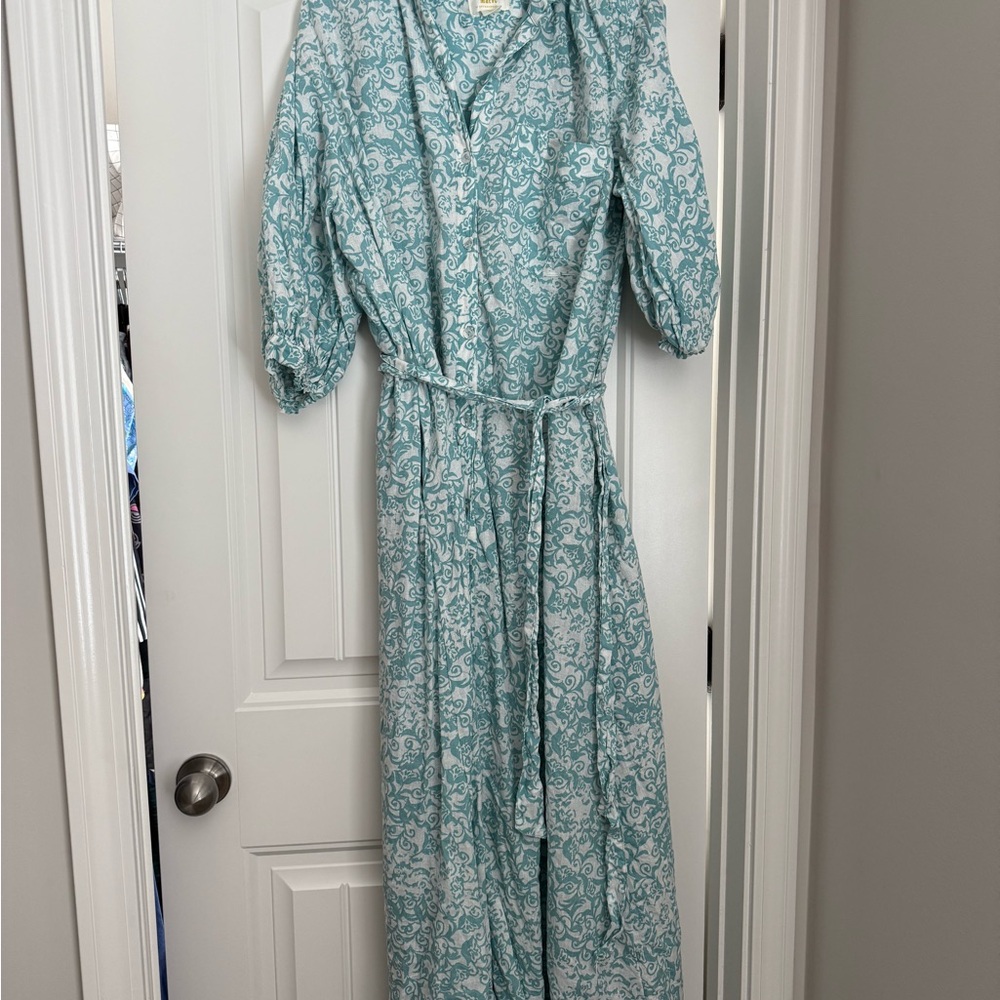 Maeve White and Blue Wrap Dress with Notched Collar